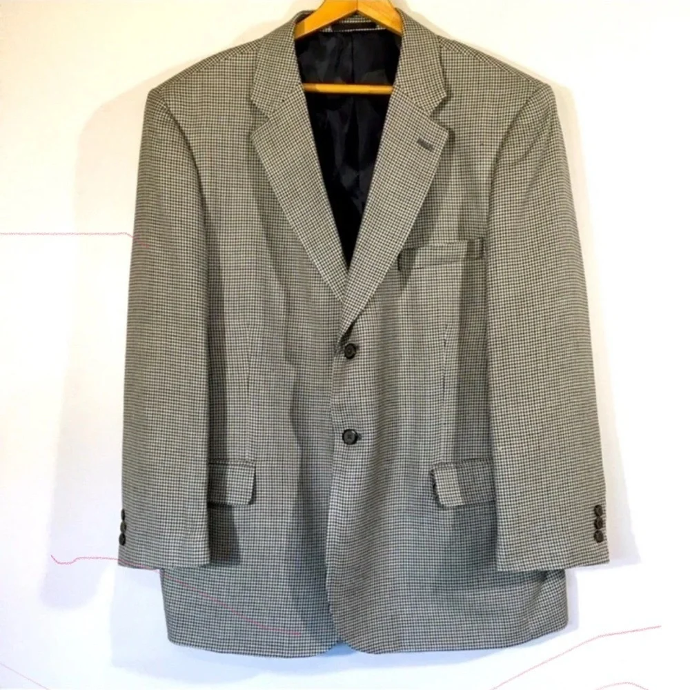 TravelSmith Men's Beige Houndstooth Blazer Sport Coat 40R Silk Wool Lightweight